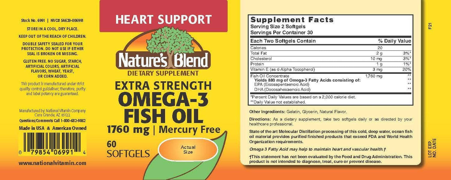 Extra Strength Nature's Blend Fish Oil Softgels with 1760 mg Omega-3 - 60 Count