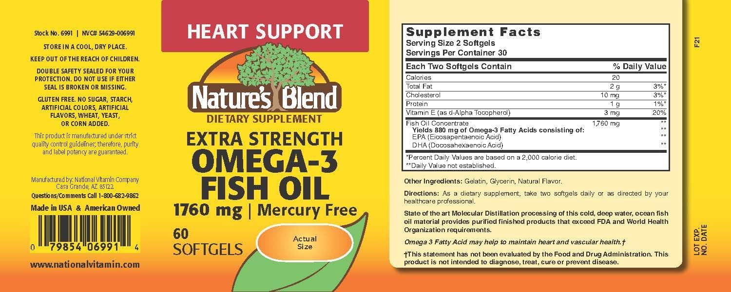 Extra Strength Nature's Blend Fish Oil Softgels with 1760 mg Omega-3 - 60 Count