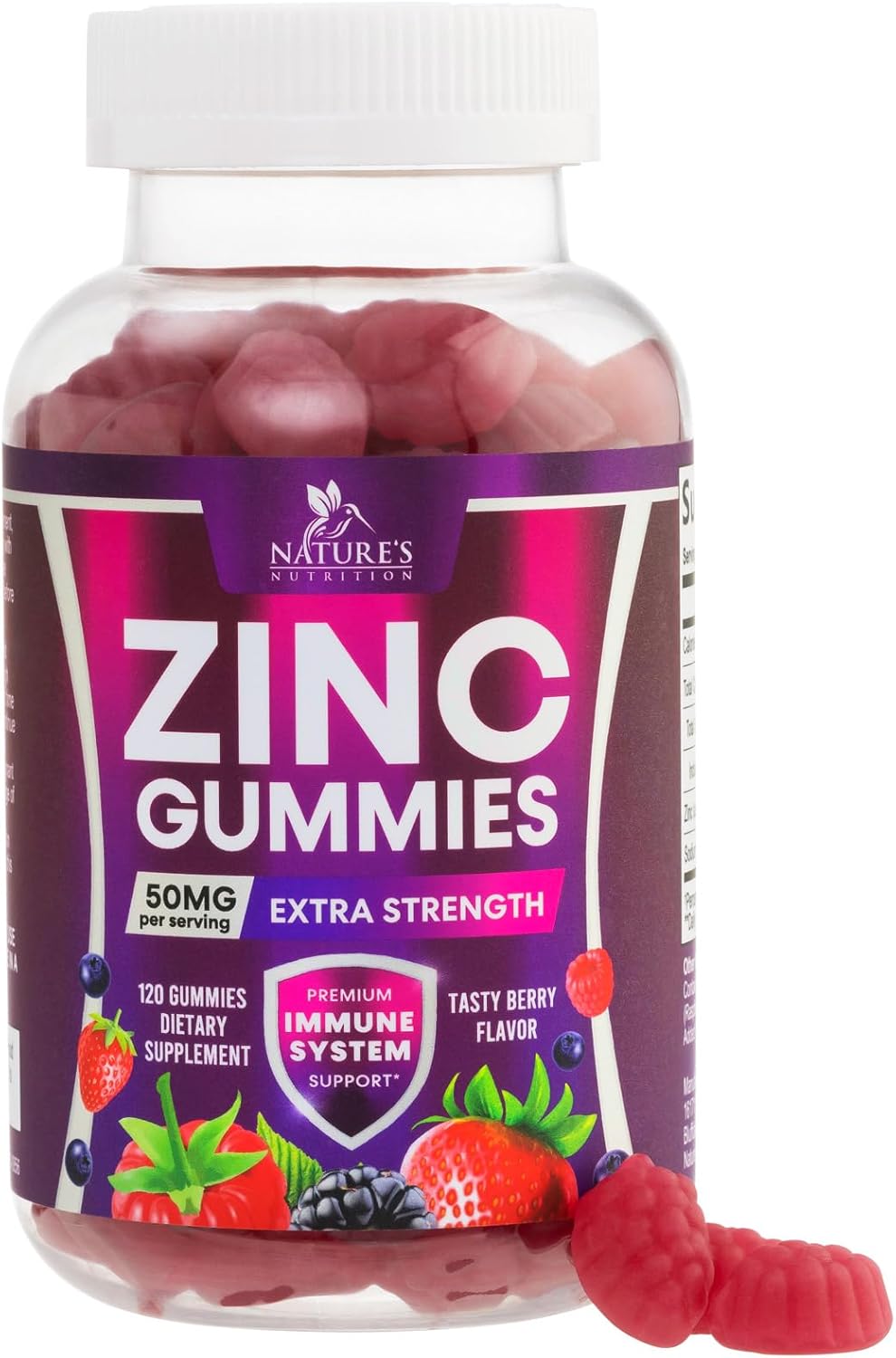 Extra Strength Nature's Nutrition Zinc Gummies - 50mg Bone, Skin & Immune Support - Antioxidant Chewable Supplement for Adults - Non-GMO, Vegan & Gluten Free - Mixed Berry Flavor - 120 Gummies