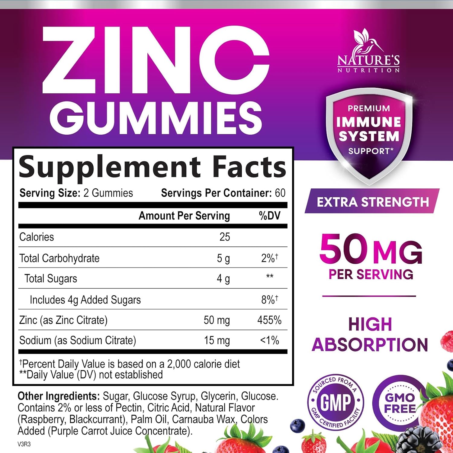 Extra Strength Nature's Nutrition Zinc Gummies - 50mg Bone, Skin & Immune Support - Antioxidant Chewable Supplement for Adults - Non-GMO, Vegan & Gluten Free - Mixed Berry Flavor - 120 Gummies
