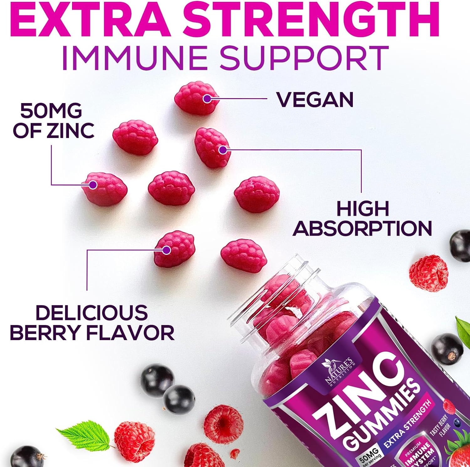 Extra Strength Nature's Nutrition Zinc Gummies - 50mg Bone, Skin & Immune Support - Antioxidant Chewable Supplement for Adults - Non-GMO, Vegan & Gluten Free - Mixed Berry Flavor - 120 Gummies