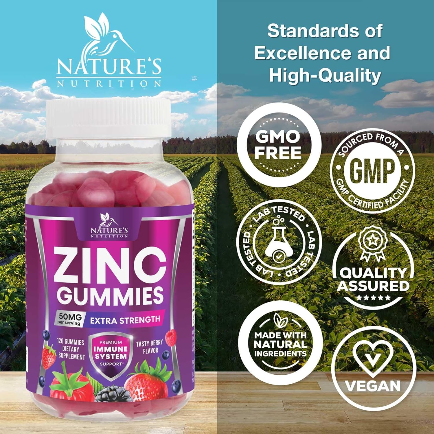 Extra Strength Nature's Nutrition Zinc Gummies - 50mg Bone, Skin & Immune Support - Antioxidant Chewable Supplement for Adults - Non-GMO, Vegan & Gluten Free - Mixed Berry Flavor - 120 Gummies