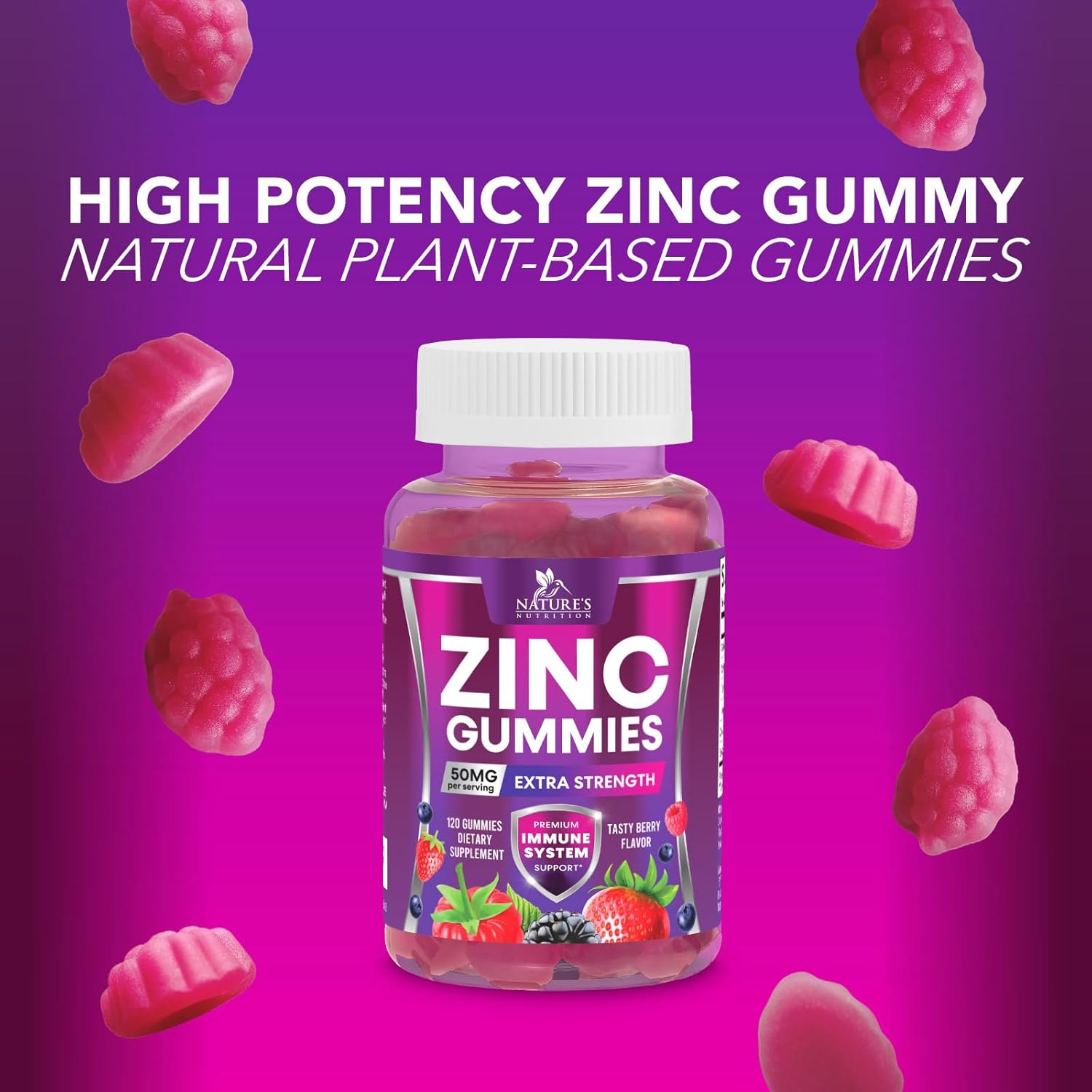 Extra Strength Nature's Nutrition Zinc Gummies - 50mg Bone, Skin & Immune Support - Antioxidant Chewable Supplement for Adults - Non-GMO, Vegan & Gluten Free - Mixed Berry Flavor - 120 Gummies