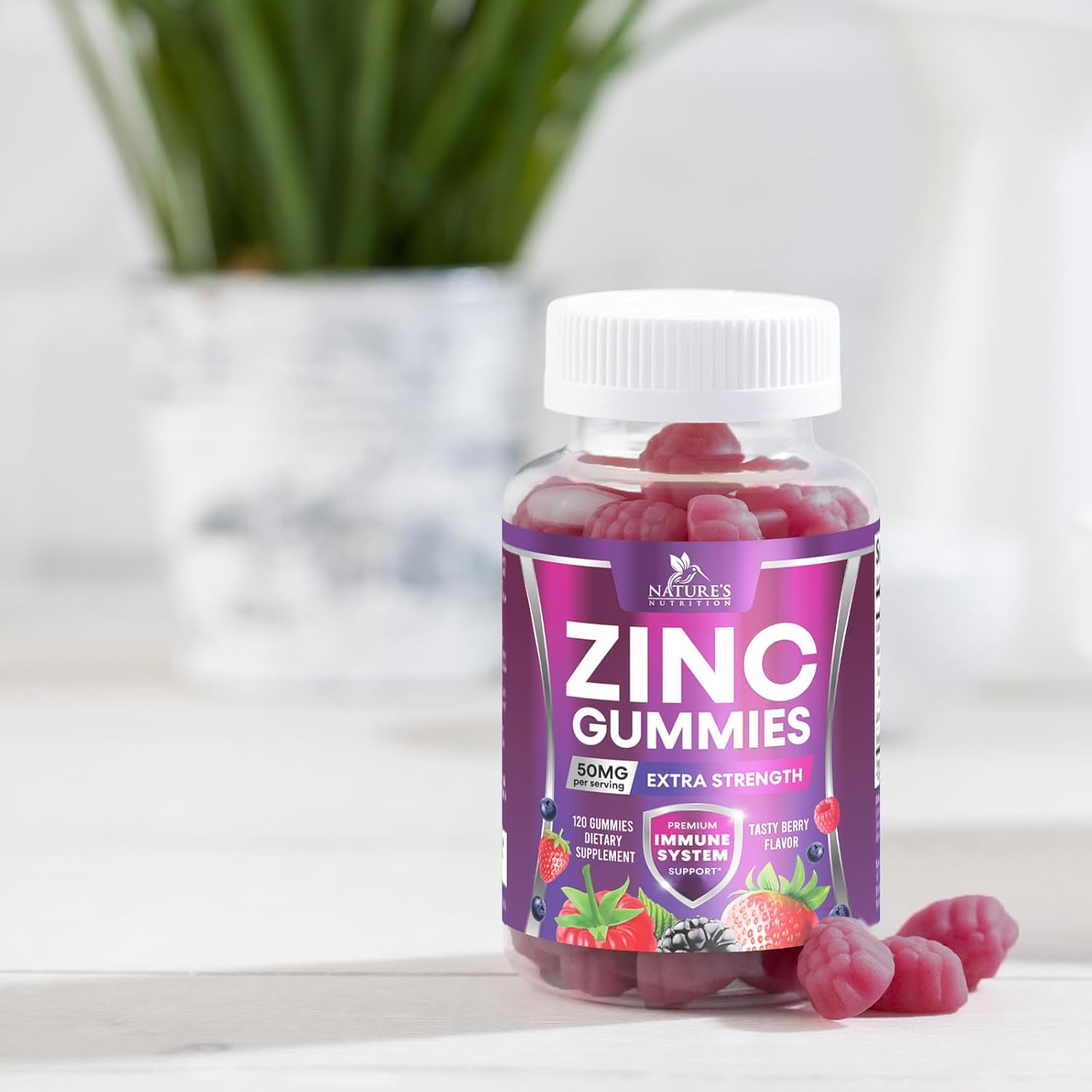 Extra Strength Nature's Nutrition Zinc Gummies - 50mg Bone, Skin & Immune Support - Antioxidant Chewable Supplement for Adults - Non-GMO, Vegan & Gluten Free - Mixed Berry Flavor - 120 Gummies