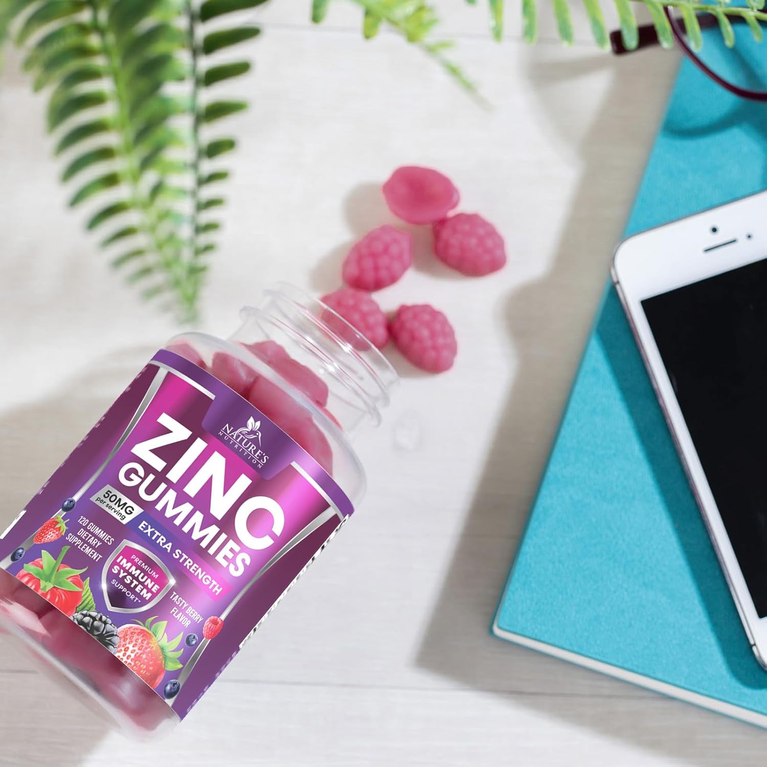 Extra Strength Nature's Nutrition Zinc Gummies - 50mg Bone, Skin & Immune Support - Antioxidant Chewable Supplement for Adults - Non-GMO, Vegan & Gluten Free - Mixed Berry Flavor - 120 Gummies