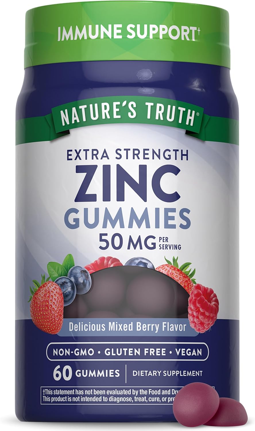 Extra Strength Nature's Truth Zinc Gummies for Adults - Vegan, Non-GMO, Gluten Free - 60 Count, 50 mg - Mixed Berry Flavor