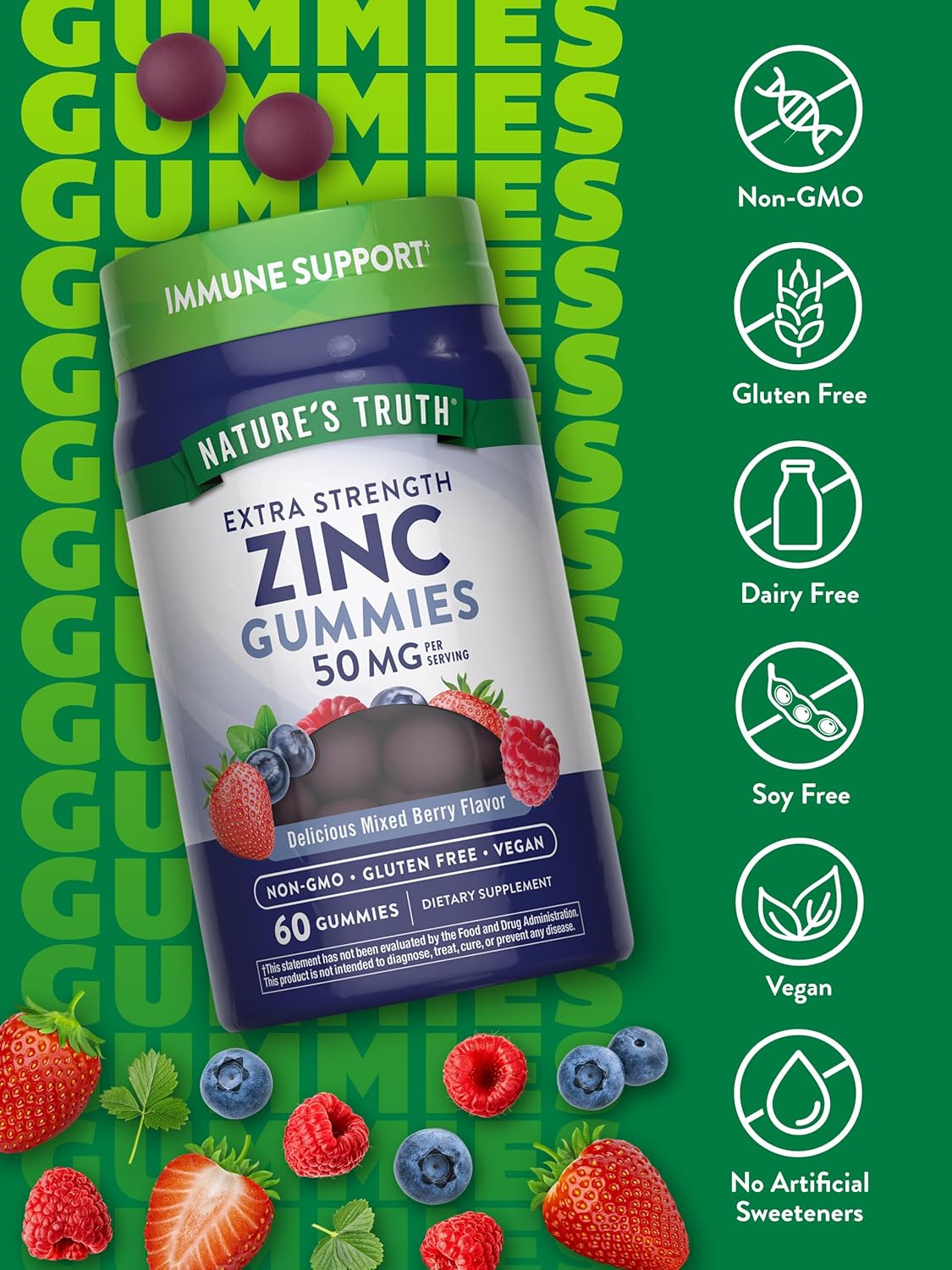 Extra Strength Nature's Truth Zinc Gummies for Adults - Vegan, Non-GMO, Gluten Free - 60 Count, 50 mg - Mixed Berry Flavor