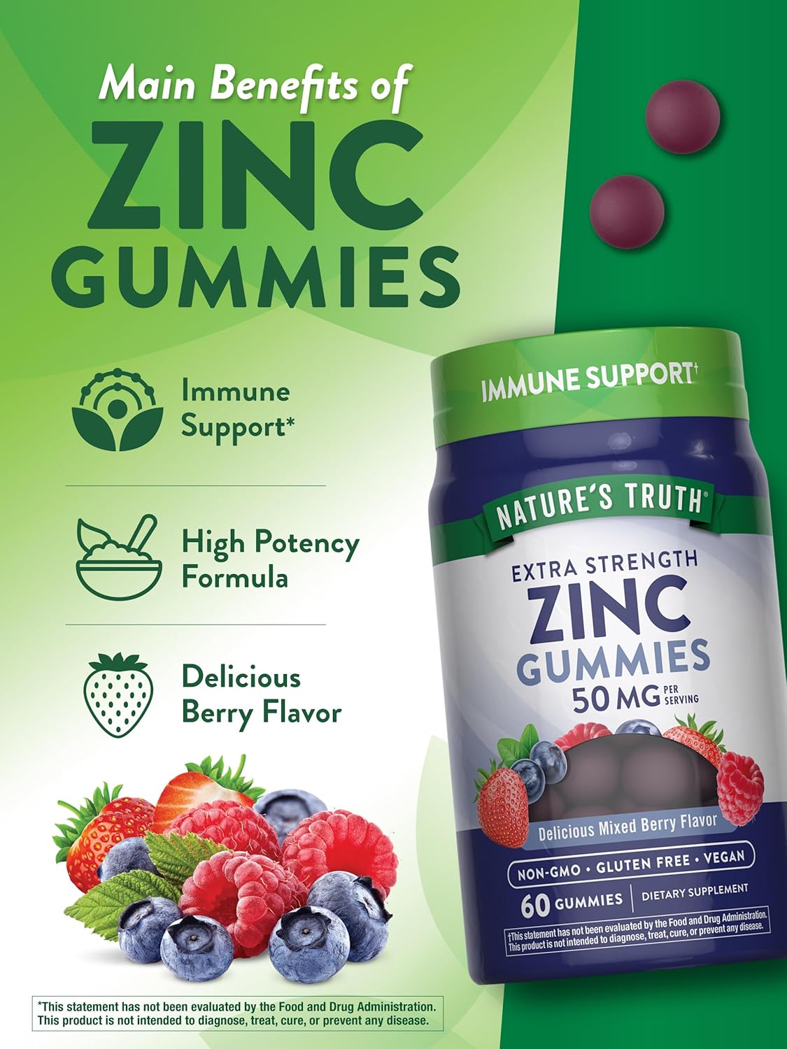 Extra Strength Nature's Truth Zinc Gummies for Adults - Vegan, Non-GMO, Gluten Free - 60 Count, 50 mg - Mixed Berry Flavor