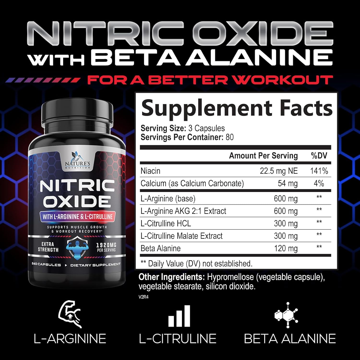 Extra Strength Nitric Oxide Booster with L-Arginine & Citrulline - 3X Strength Support for Muscle, Heart, & Energy - Non-GMO Supplement for Men and Women - 240 Capsules