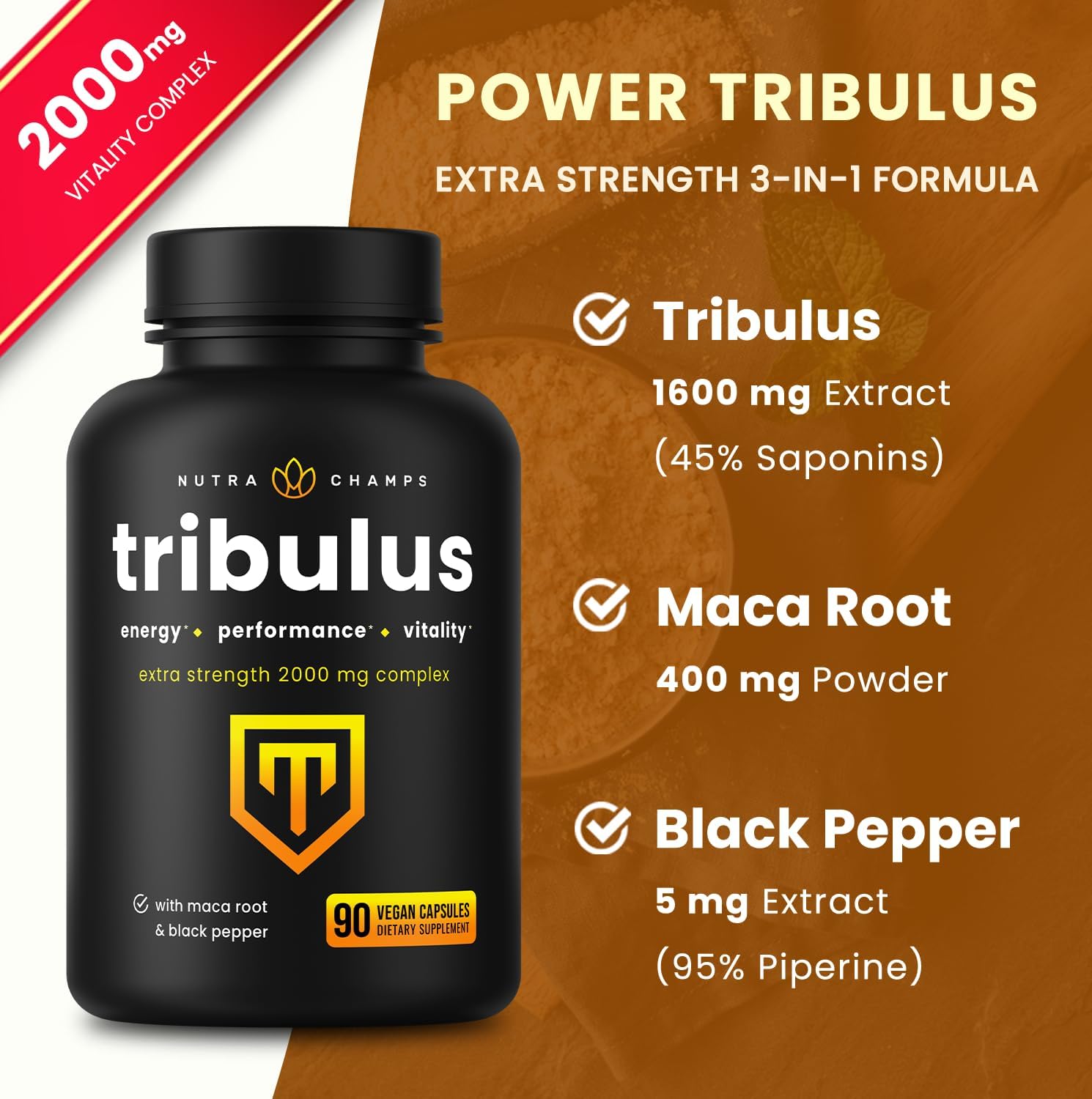 Extra Strength NutraChamps Tribulus Terrestris Supplement for Men - 2000mg Energy Booster, Vitality, Stamina & Performance Support - 90 Vegan Capsules