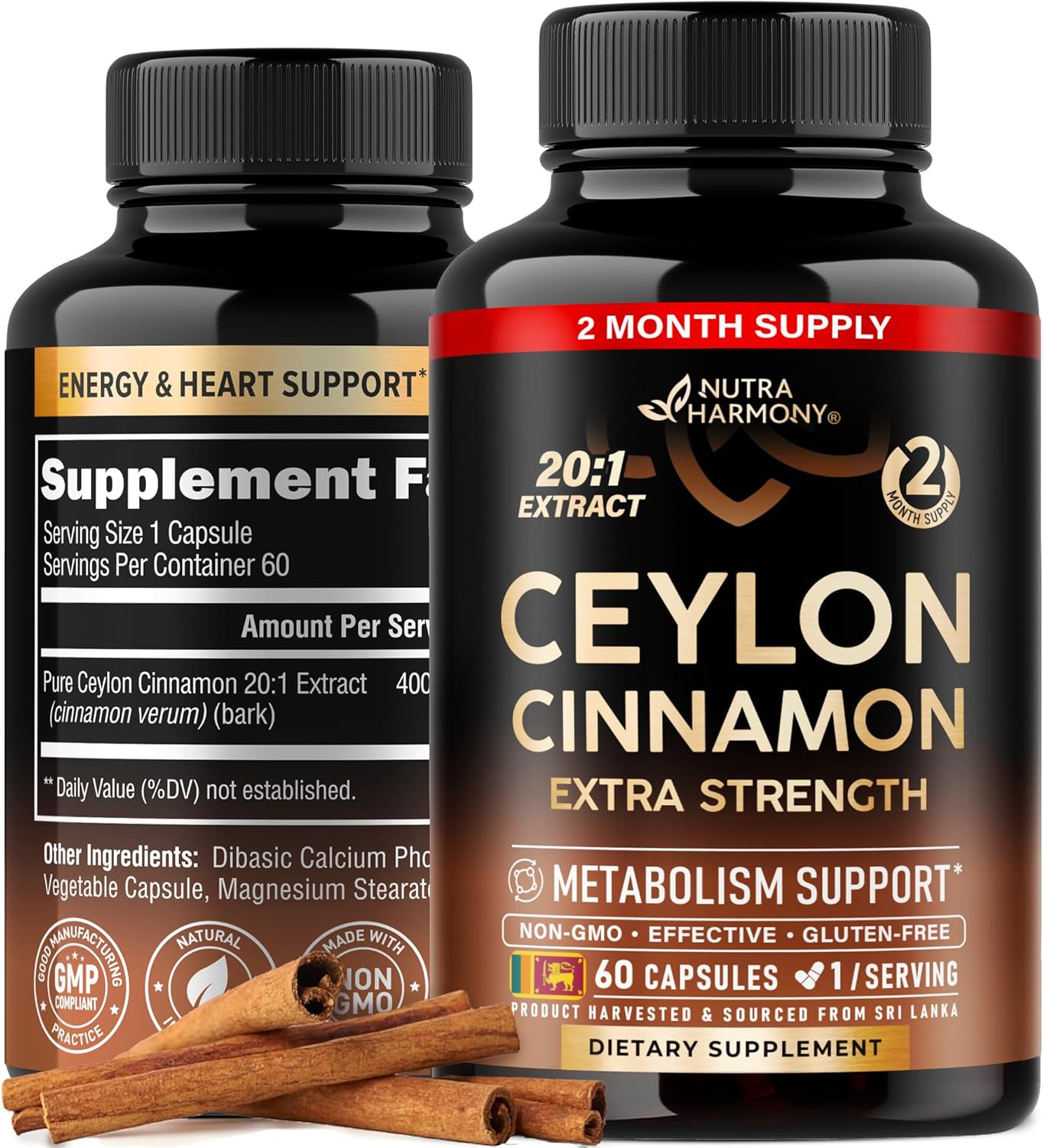 Extra Strength NUTRAHARMONY Ceylon Cinnamon Capsules for Energy, Heart & Metabolism - Pure Natural Extract Supplement - Made in USA - 60 Capsules, 2 Month Supply - GMO & Gluten Free