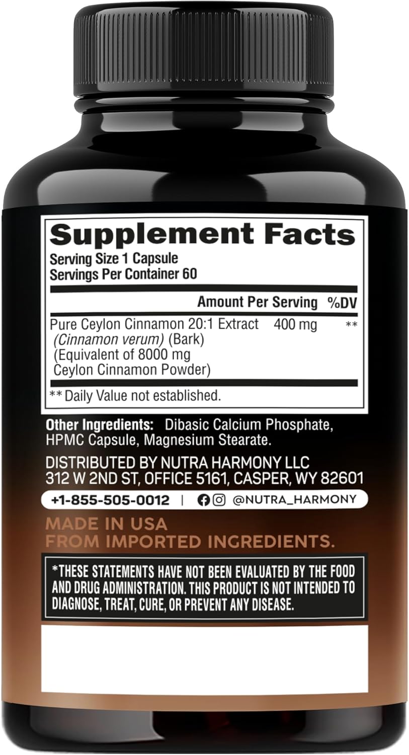 Extra Strength NUTRAHARMONY Ceylon Cinnamon Capsules for Energy, Heart & Metabolism - Pure Natural Extract Supplement - Made in USA - 60 Capsules, 2 Month Supply - GMO & Gluten Free