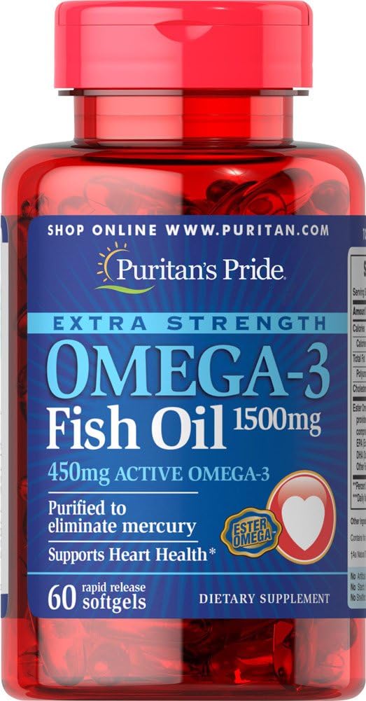 Extra Strength Omega-3 Fish Oil Softgels, 60 Count - Puritan's Pride, 1500 Mg with 450 Mg Active Omega-3
