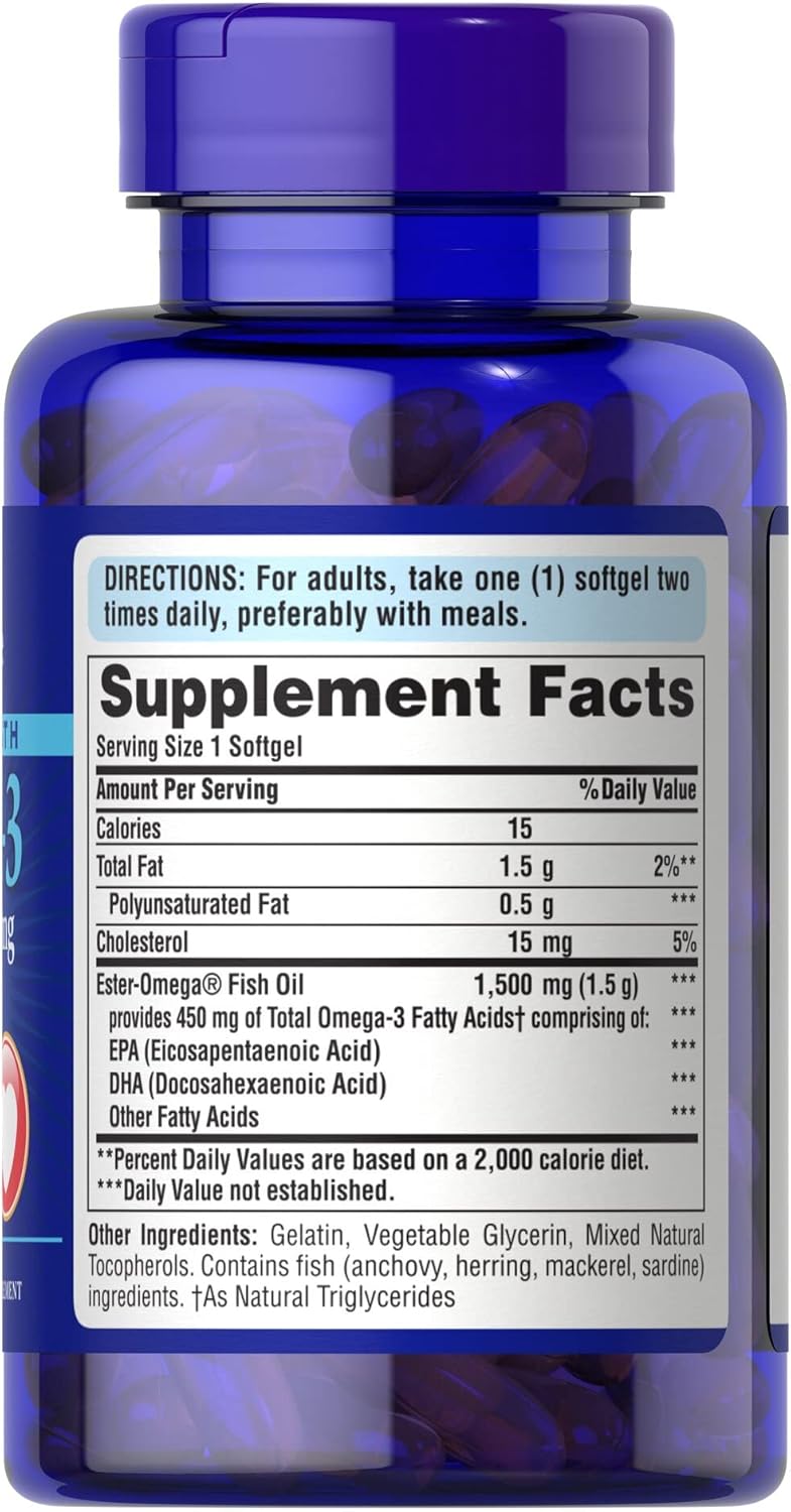 Extra Strength Omega-3 Fish Oil Softgels, 60 Count - Puritan's Pride, 1500 Mg with 450 Mg Active Omega-3