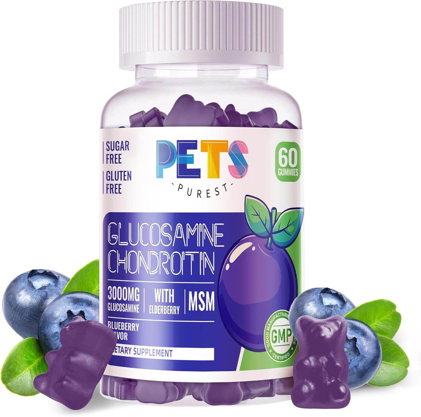 Extra Strength Pets Purest Blueberry Gummies with Glucosamine, Chondroitin, MSM & Elderberry - Joint and Immune Support for Adults, Men & Women