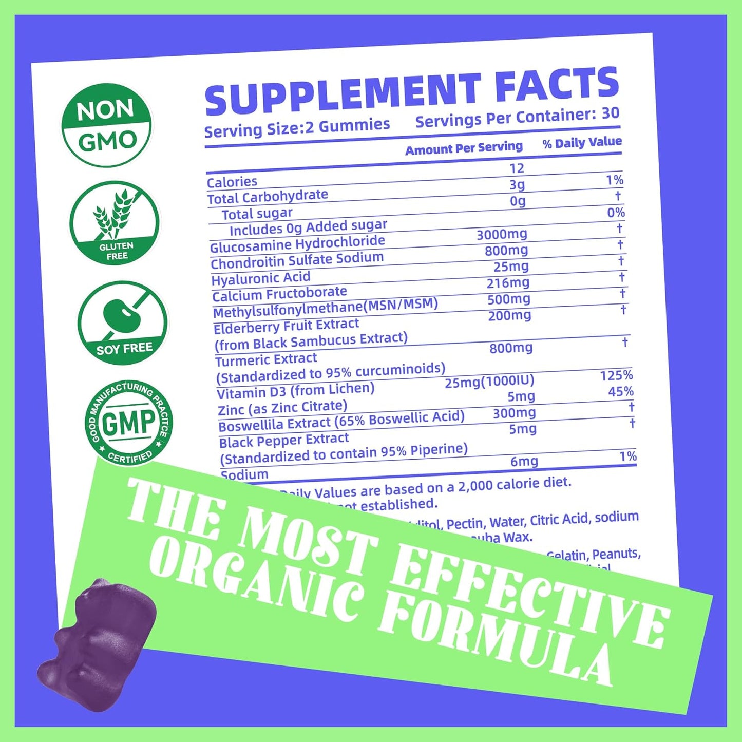 Extra Strength Pets Purest Blueberry Gummies with Glucosamine, Chondroitin, MSM & Elderberry - Joint and Immune Support for Adults, Men & Women
