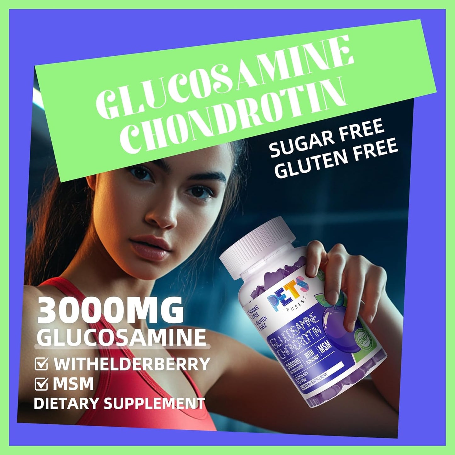 Extra Strength Pets Purest Blueberry Gummies with Glucosamine, Chondroitin, MSM & Elderberry - Joint and Immune Support for Adults, Men & Women