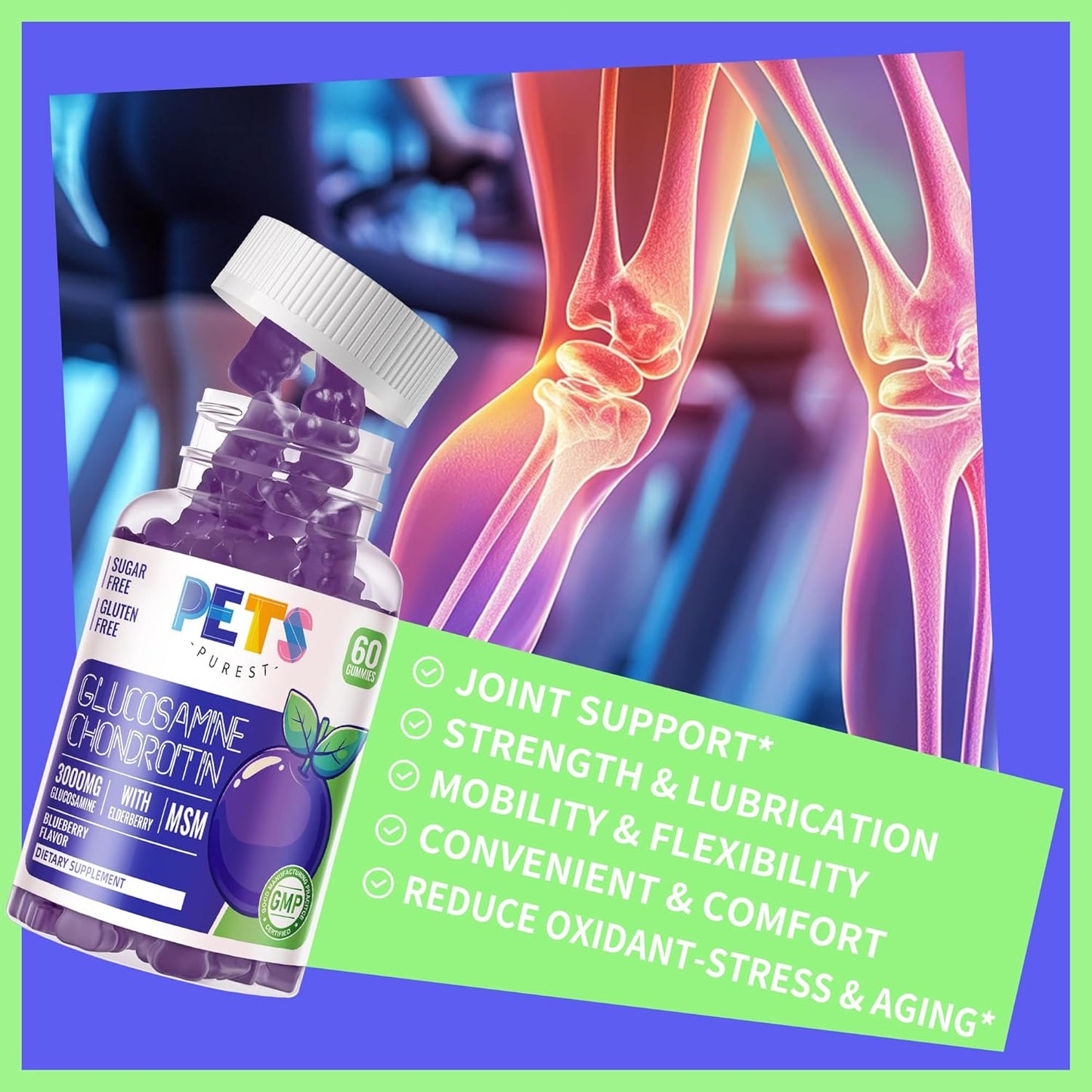 Extra Strength Pets Purest Blueberry Gummies with Glucosamine, Chondroitin, MSM & Elderberry - Joint and Immune Support for Adults, Men & Women