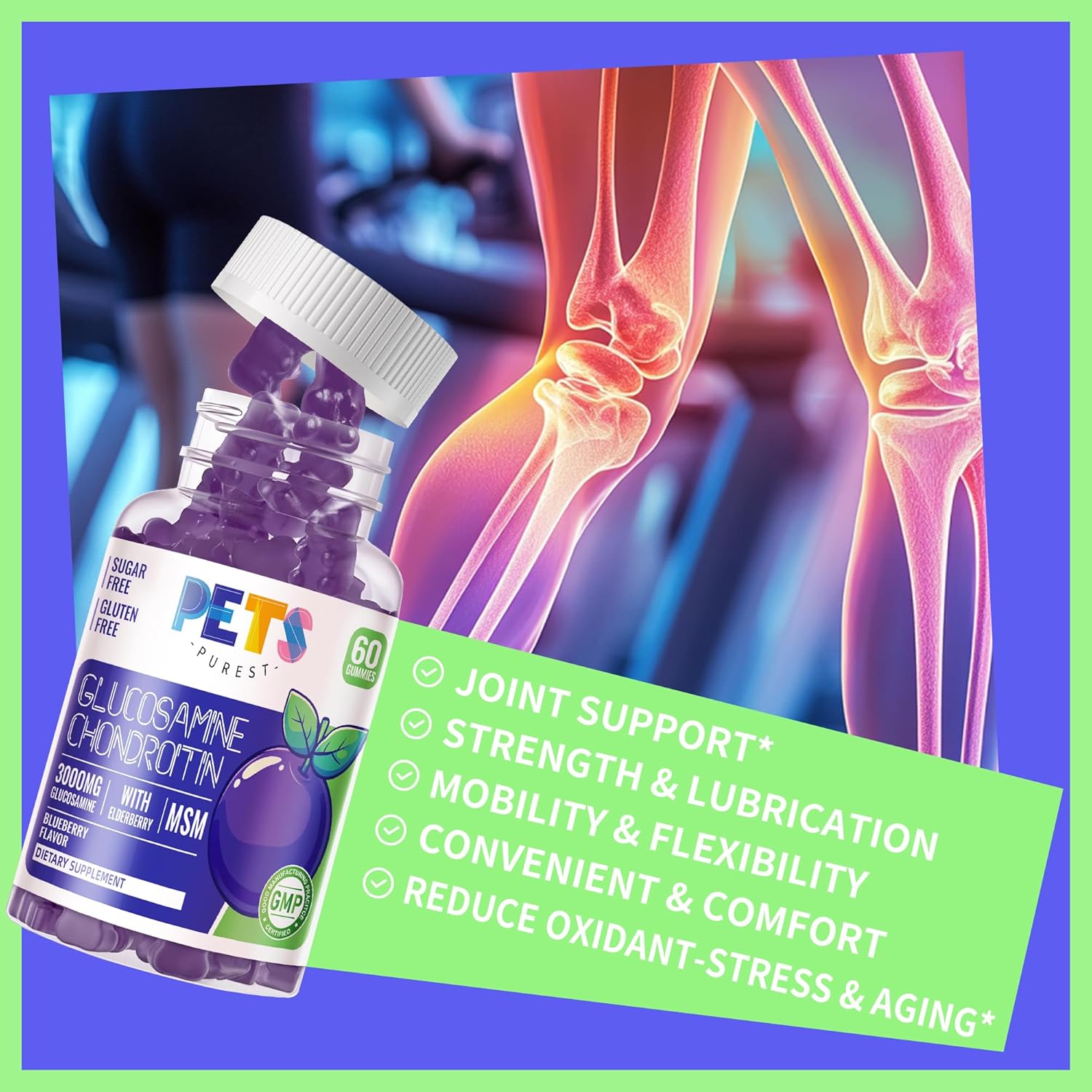 Extra Strength Pets Purest Blueberry Gummies with Glucosamine, Chondroitin, MSM & Elderberry - Joint and Immune Support for Adults, Men & Women