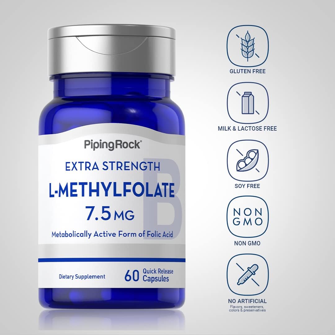 Extra Strength Piping Rock L-Methylfolate 7.5 mg Capsules - Active Folic Acid Supplement, Non-GMO & Gluten Free - 60 Count
