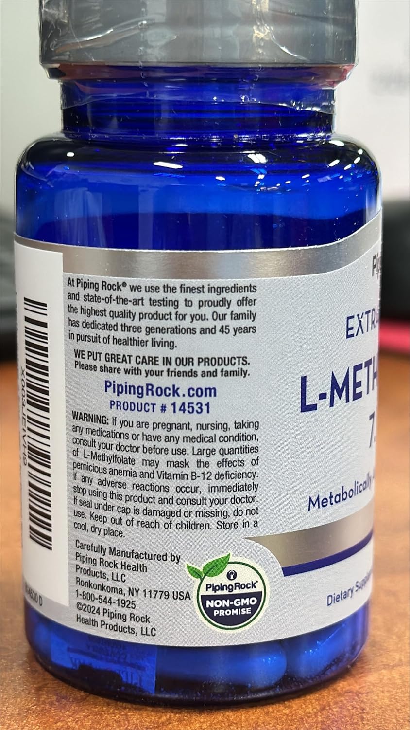 Extra Strength Piping Rock L-Methylfolate 7.5 mg Capsules - Active Folic Acid Supplement, Non-GMO & Gluten Free - 60 Count