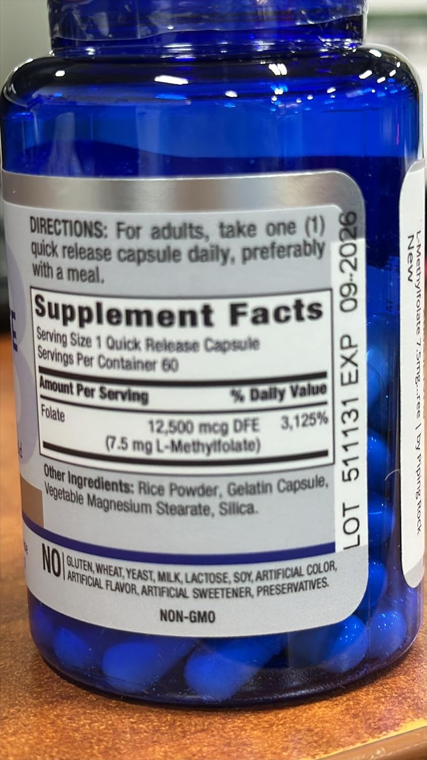 Extra Strength Piping Rock L-Methylfolate 7.5 mg Capsules - Active Folic Acid Supplement, Non-GMO & Gluten Free - 60 Count