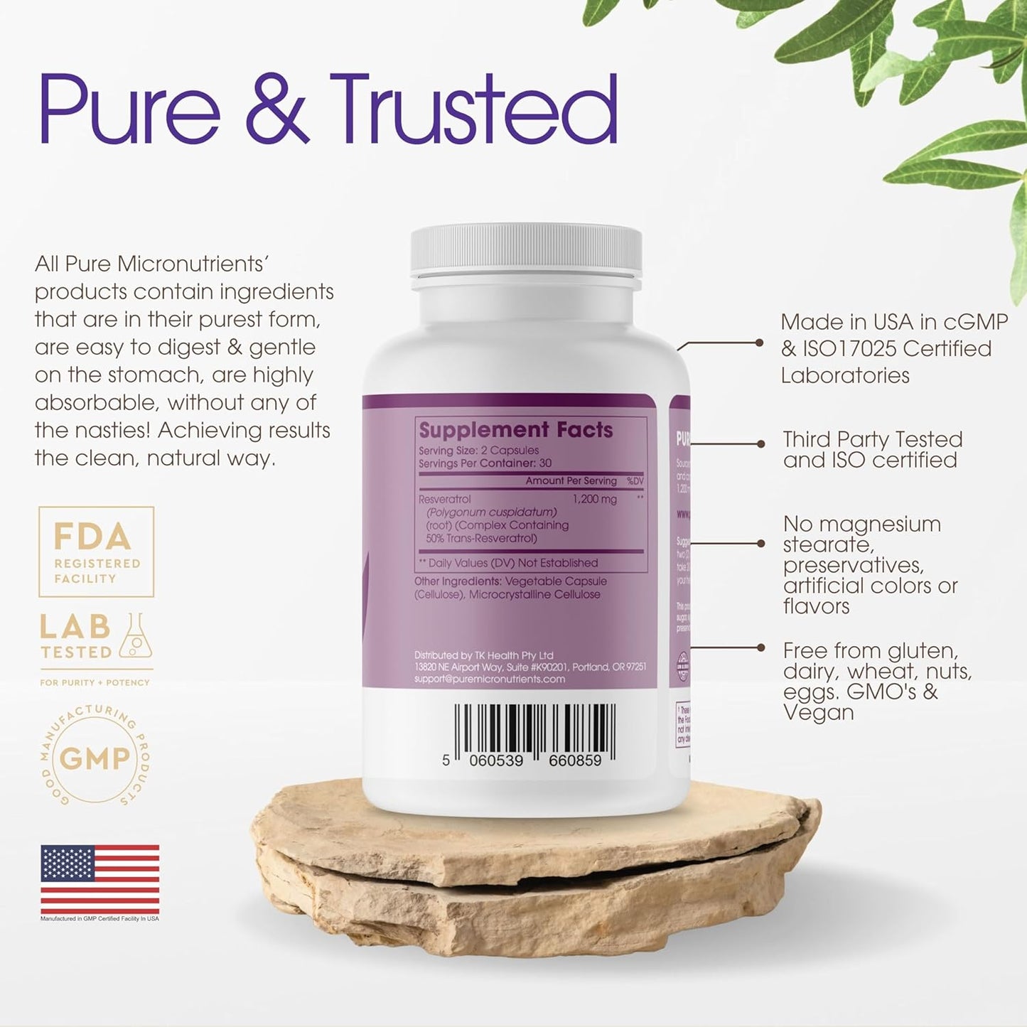 Extra Strength Pure Resveratrol Supplement - 1200mg Trans-Resveratrol - Anti Aging, Heart & Immune Support - 60 Vegan Capsules