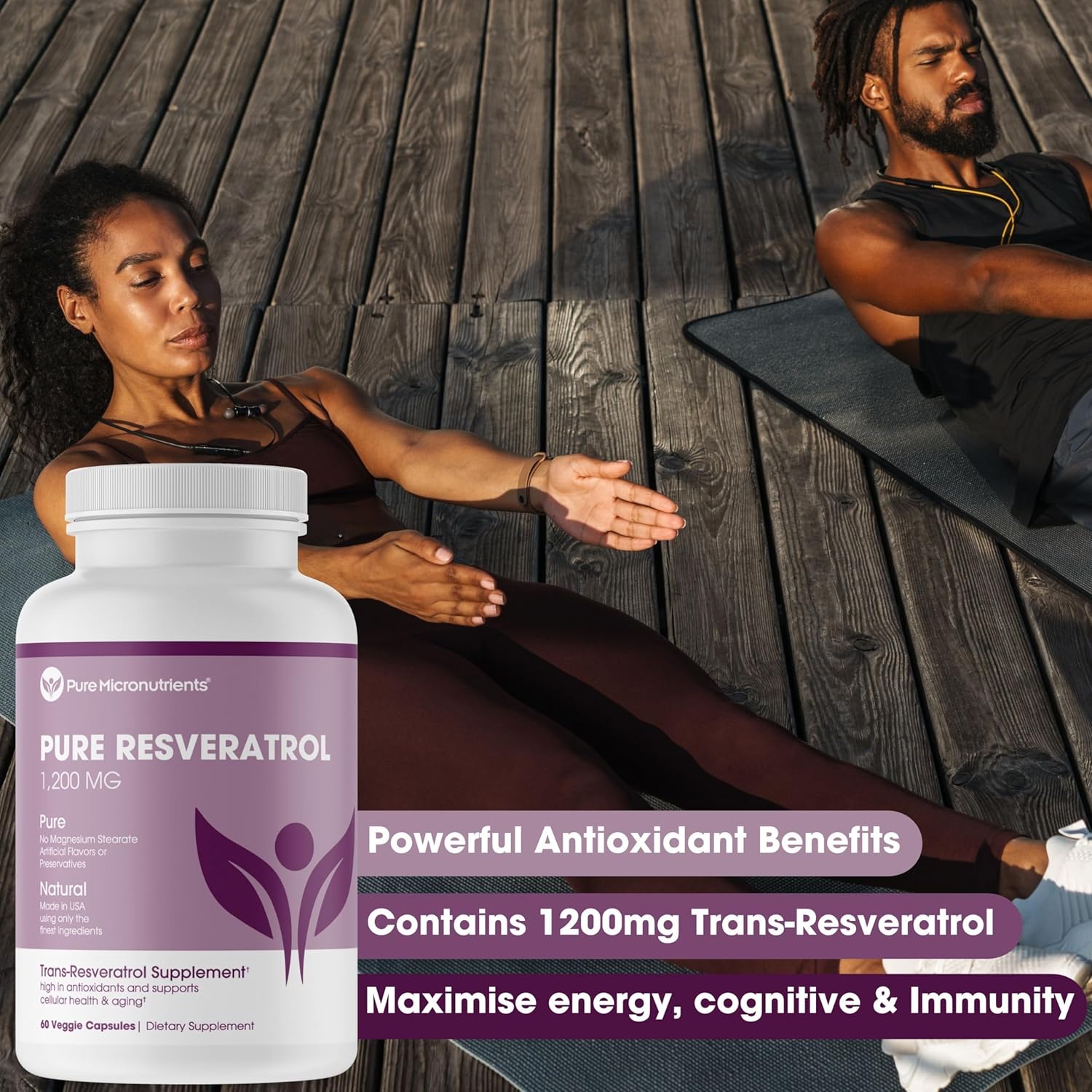 Extra Strength Pure Resveratrol Supplement - 1200mg Trans-Resveratrol - Anti Aging, Heart & Immune Support - 60 Vegan Capsules