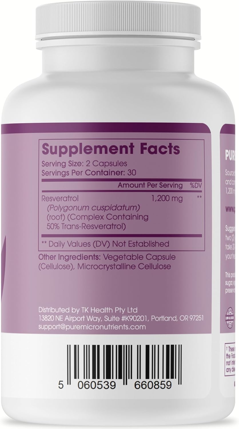 Extra Strength Pure Resveratrol Supplement - 1200mg Trans-Resveratrol - Anti Aging, Heart & Immune Support - 60 Vegan Capsules