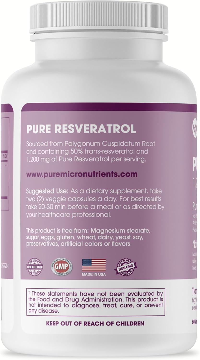 Extra Strength Pure Resveratrol Supplement - 1200mg Trans-Resveratrol - Anti Aging, Heart & Immune Support - 60 Vegan Capsules