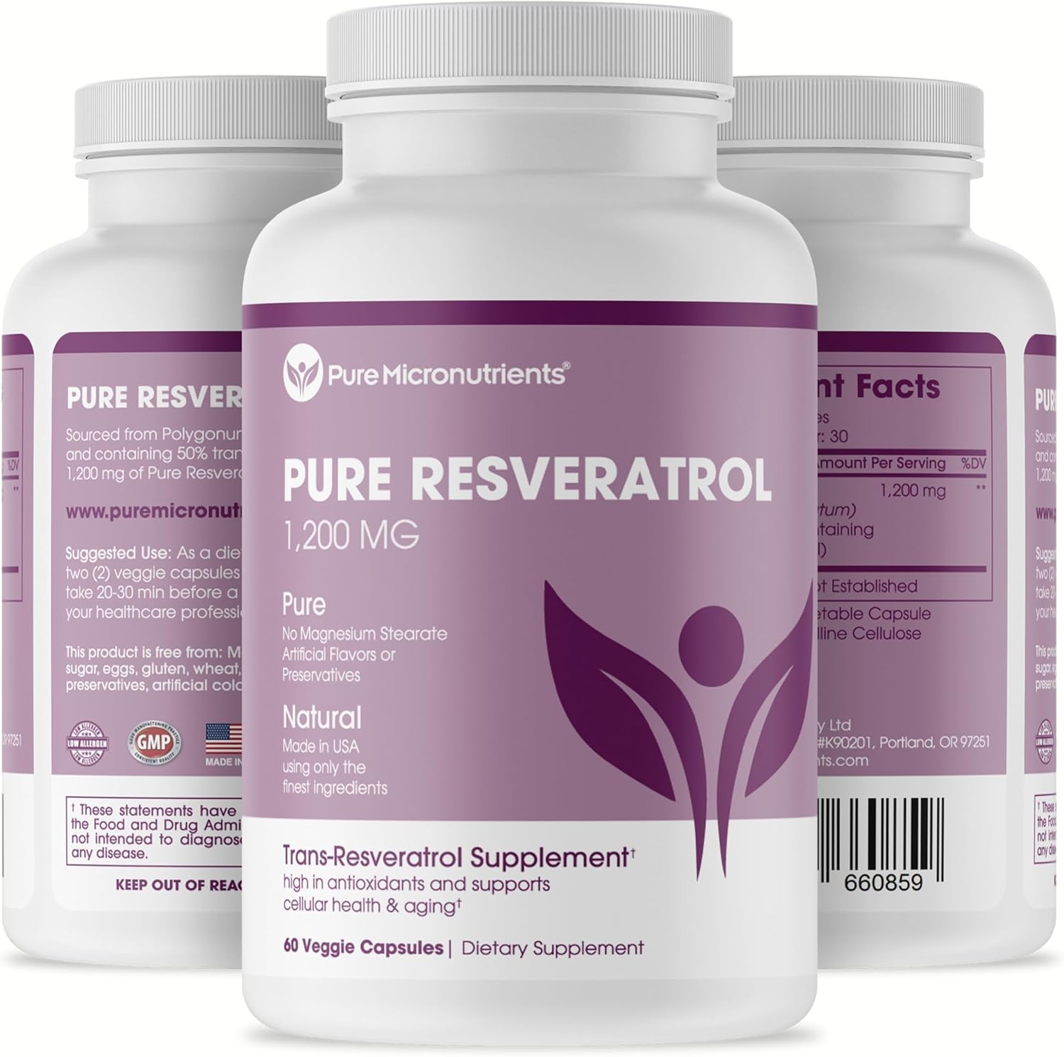 Extra Strength Pure Resveratrol Supplement - 1200mg Trans-Resveratrol - Anti Aging, Heart & Immune Support - 60 Vegan Capsules