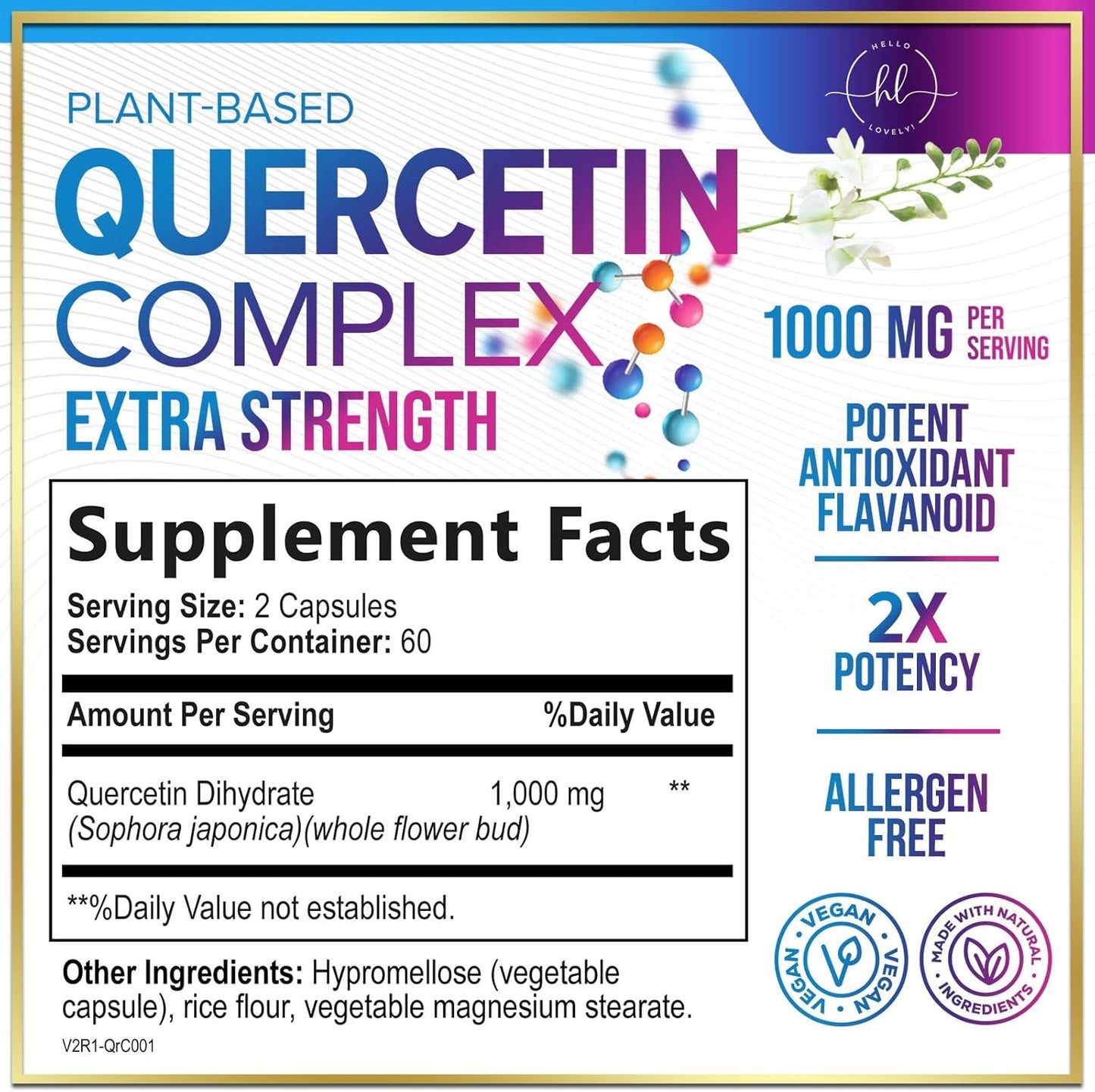 Extra Strength Quercetin 500mg Capsules - Supports Immune & Heart Health - Antioxidant & Respiratory Support - Gluten Free - Non-GMO - 60 Capsules