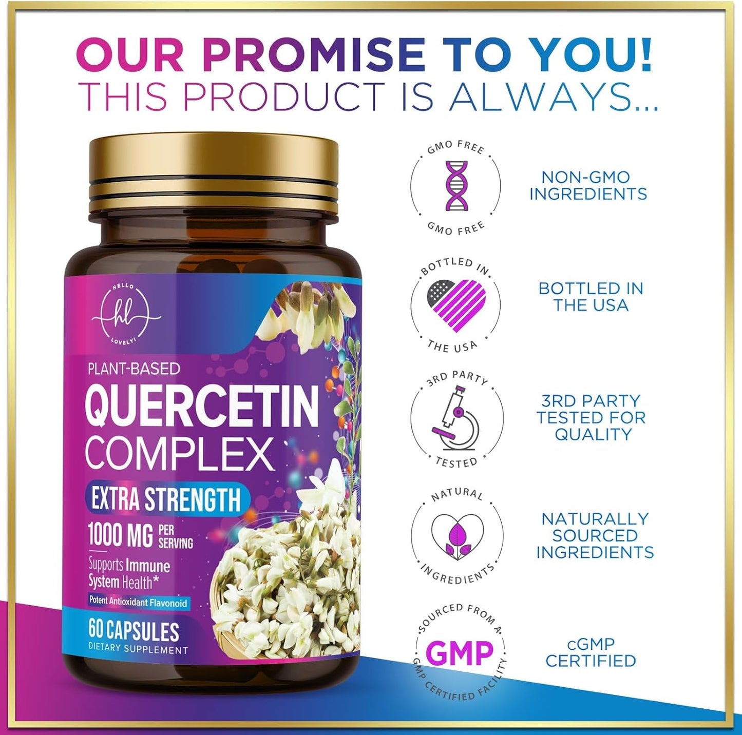 Extra Strength Quercetin 500mg Capsules - Supports Immune & Heart Health - Antioxidant & Respiratory Support - Gluten Free - Non-GMO - 60 Capsules