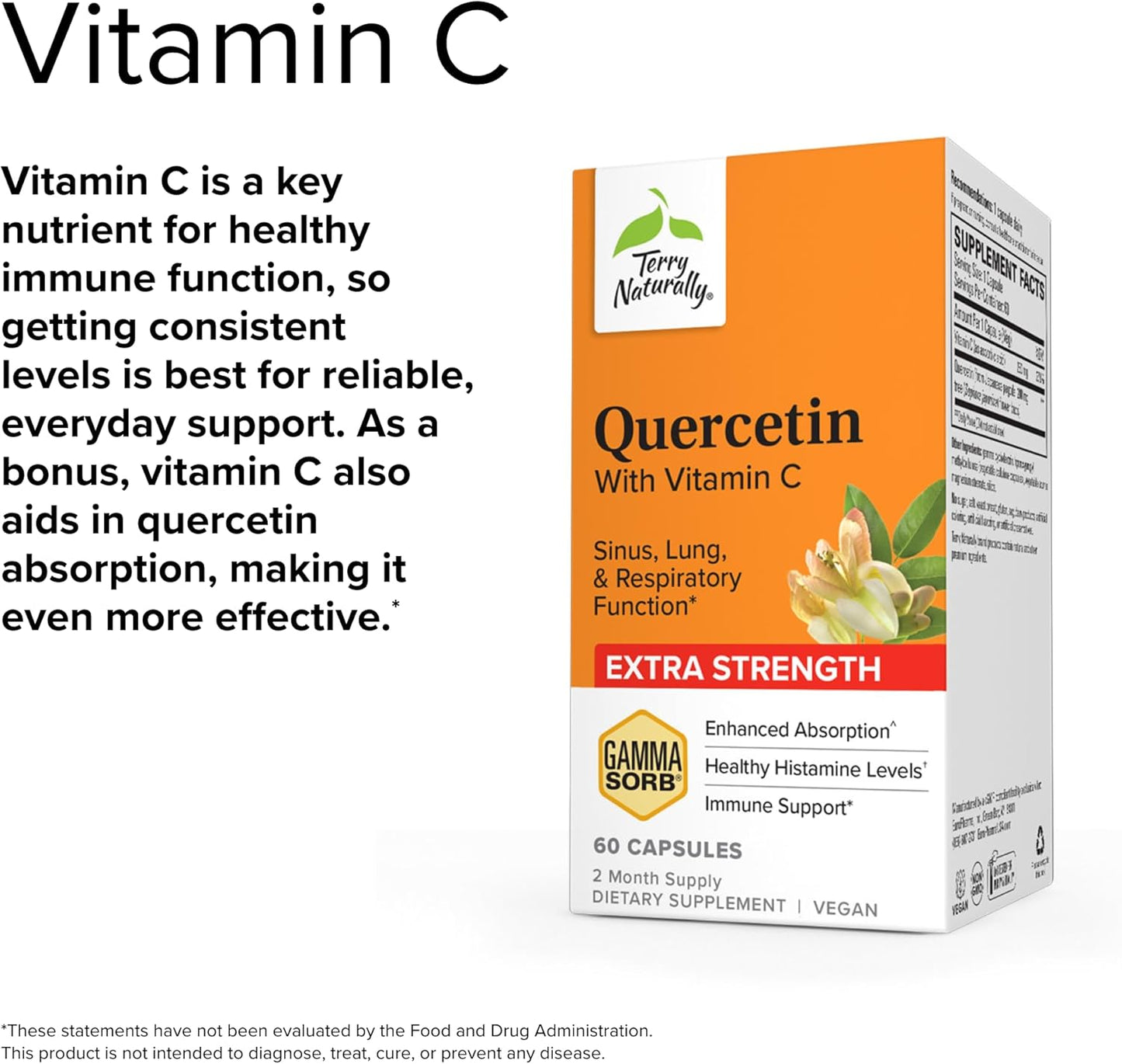 Extra Strength Quercetin with Vitamin C Capsules for Sinus & Lung Health - 60 Servings - Non-GMO & Vegan