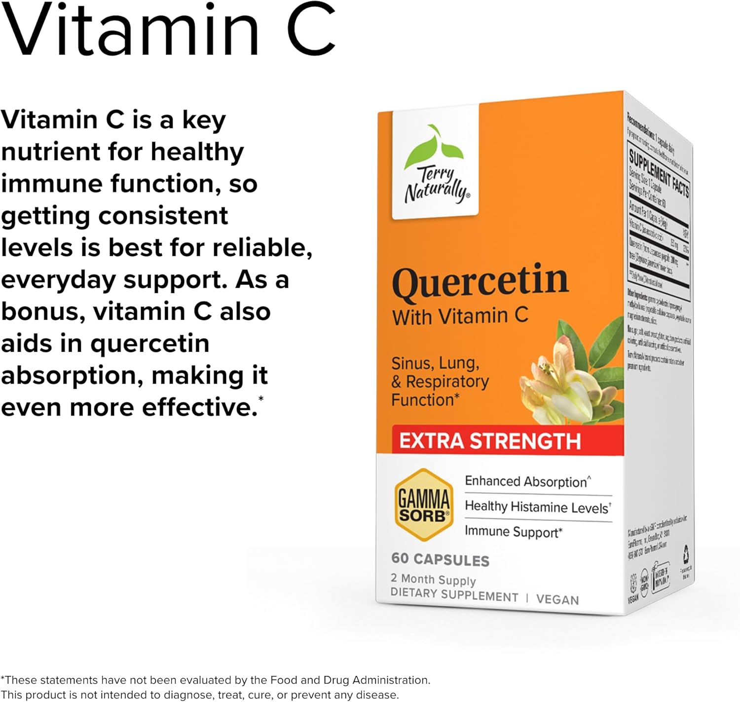 Extra Strength Quercetin with Vitamin C Capsules for Sinus & Lung Health - 60 Servings - Non-GMO & Vegan