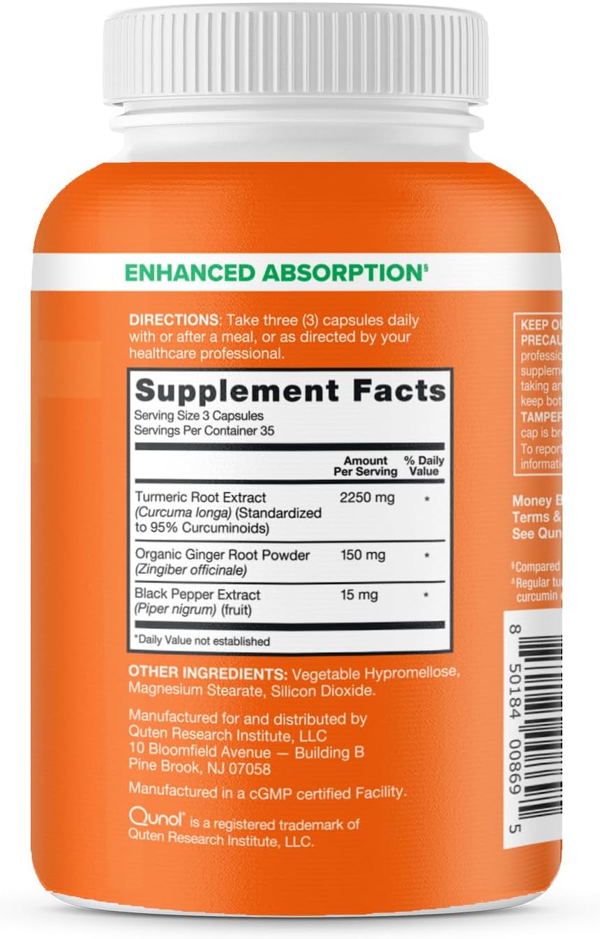 Extra Strength Qunol Turmeric Curcumin with Black Pepper & Ginger, 2400mg, 95% Curcuminoids, Joint Support, 105 Capsules