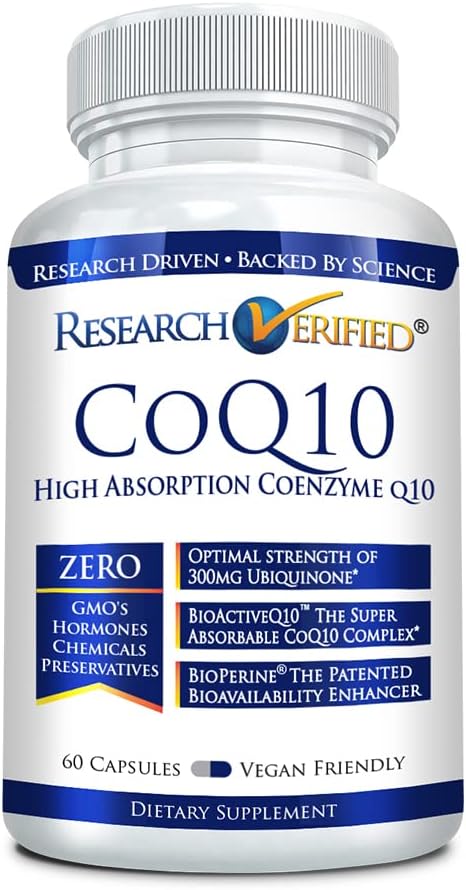 Extra Strength Research Verified CoQ10 300mg - Enhanced Absorption with Bioperine - Boost Antioxidant Levels - Improve Cardiovascular Health - 60 Vegan Capsules