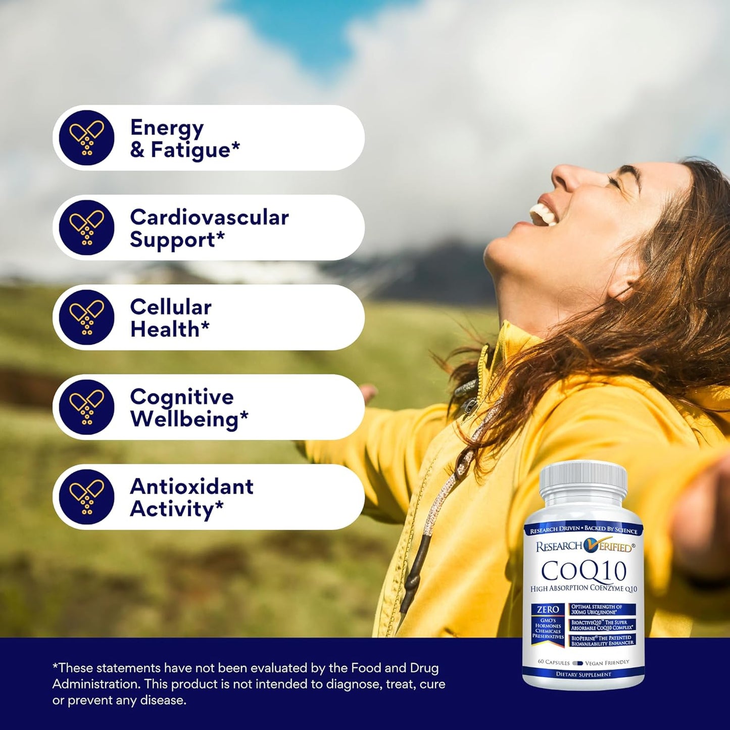Extra Strength Research Verified CoQ10 300mg - Enhanced Absorption with Bioperine - Boost Antioxidant Levels - Improve Cardiovascular Health - 60 Vegan Capsules