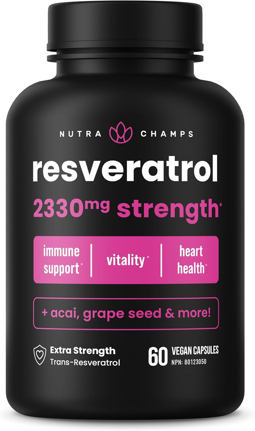 Extra Strength Resveratrol Supplement for Healthy Aging and Immune Support - 60 Vegan Capsules with Trans-Resveratrol, Green Tea, Acai Berry, and Grape Seed Extract