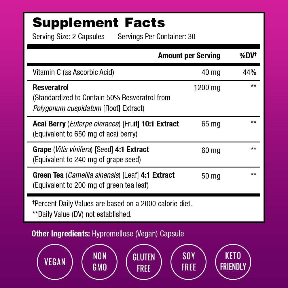 Extra Strength Resveratrol Supplement for Healthy Aging and Immune Support - 60 Vegan Capsules with Trans-Resveratrol, Green Tea, Acai Berry, and Grape Seed Extract