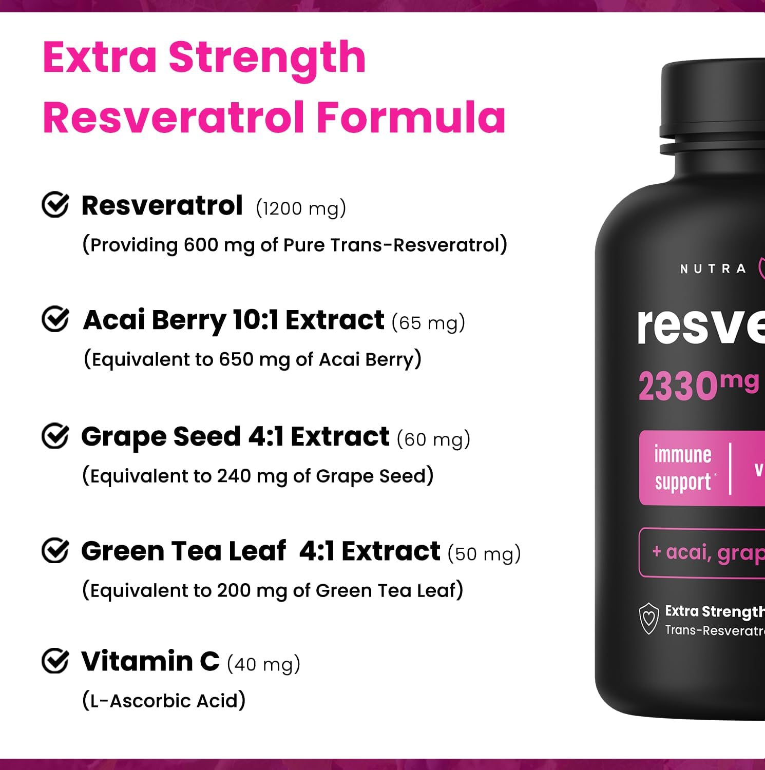 Extra Strength Resveratrol Supplement for Healthy Aging and Immune Support - 60 Vegan Capsules with Trans-Resveratrol, Green Tea, Acai Berry, and Grape Seed Extract