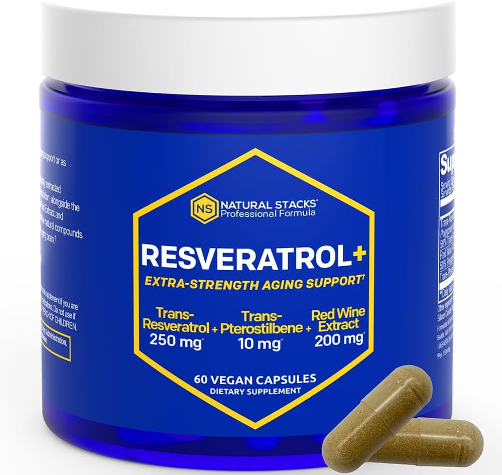 Extra Strength Resveratrol Supplement with Trans-Resveratrol, Pterostilbene, and Red Wine Extract - 60 Capsules for Aging Support