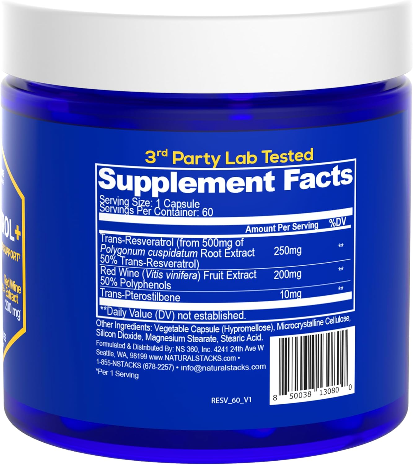 Extra Strength Resveratrol Supplement with Trans-Resveratrol, Pterostilbene, and Red Wine Extract - 60 Capsules for Aging Support