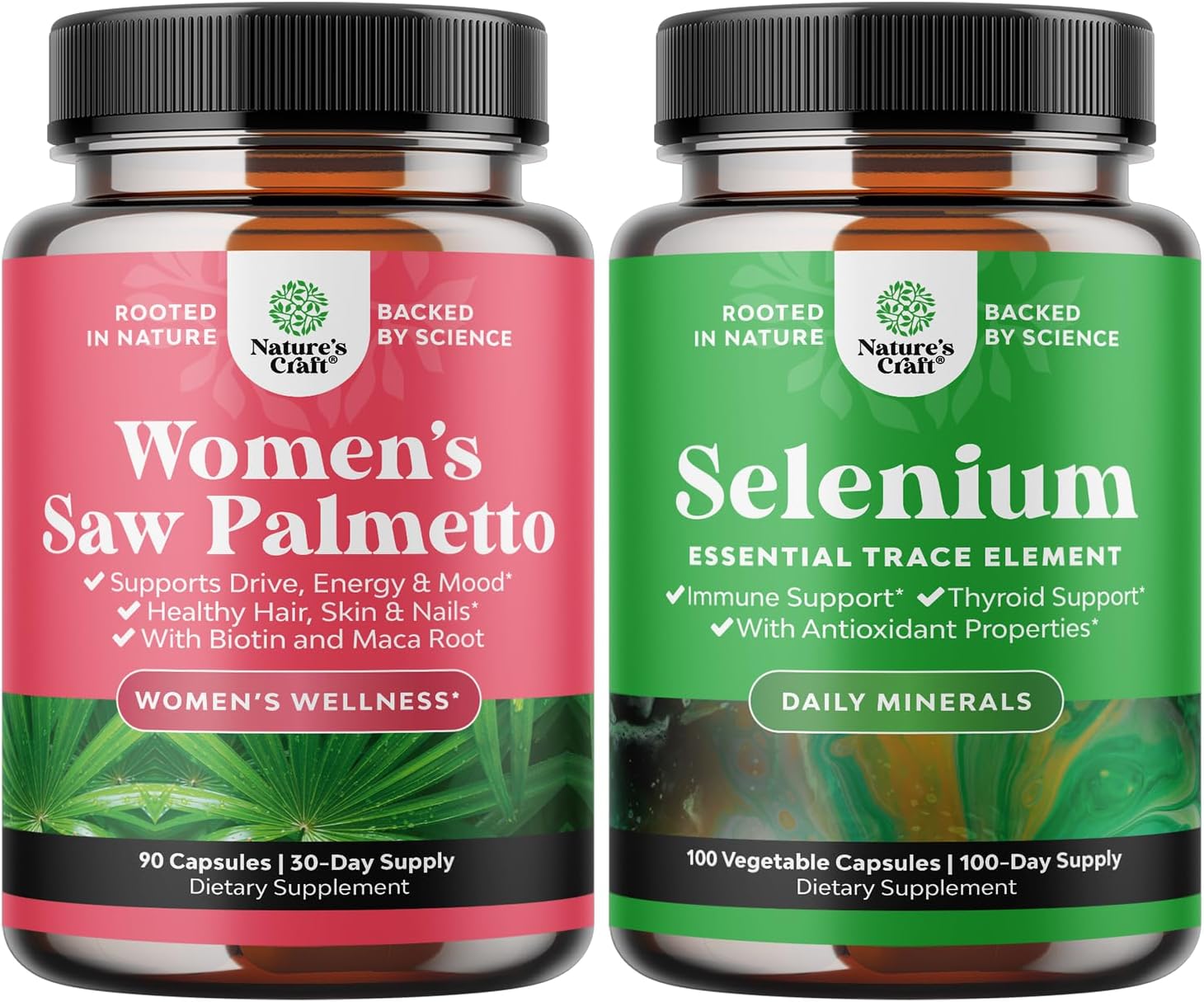 Extra Strength Saw Palmetto and Pure Selenium Bundle - Hair Vitamins for Women - Thyroid Support Supplement - Antioxidant Immune Booster