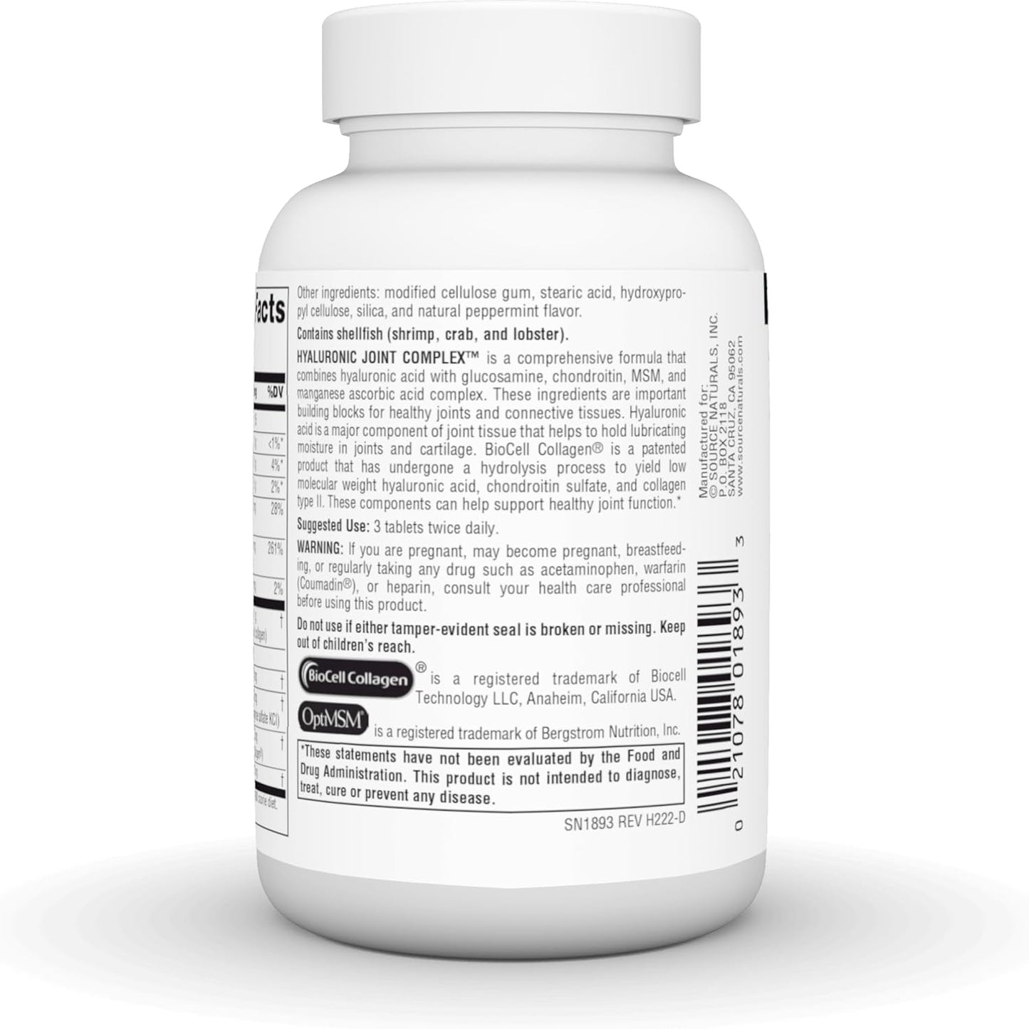 Extra Strength Source Naturals Hyaluronic Joint Complex Tablets with Glucosamine, Chondroitin & MSM - 60 Count