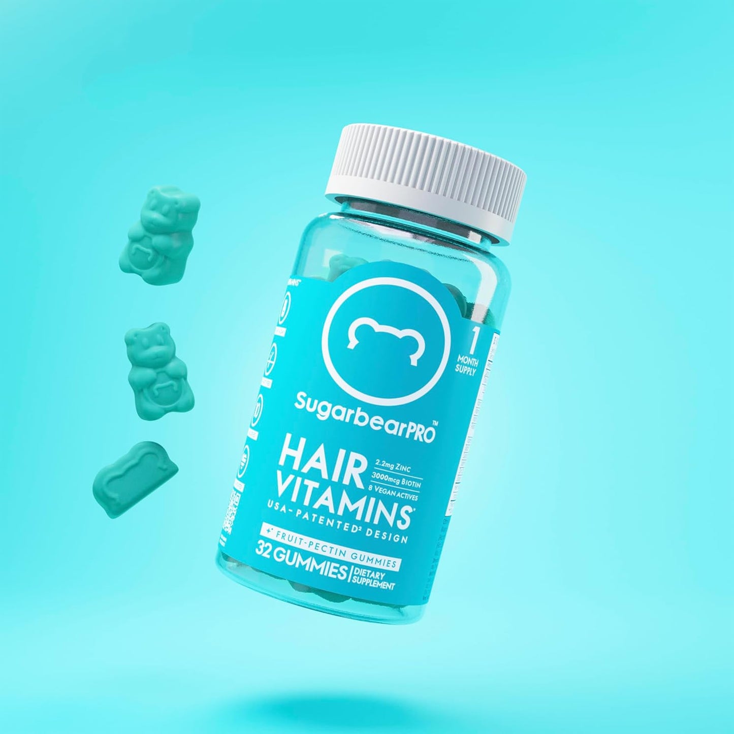 Extra Strength SugarbearPro Hair Vitamin Gummies - 1 Month Supply with Biotin 6000mcg for Men & Women, Vegan B12, MSM, Inositol, Omega 3, Elderberry - Certified Kosher, Halal, Cruelty-Free