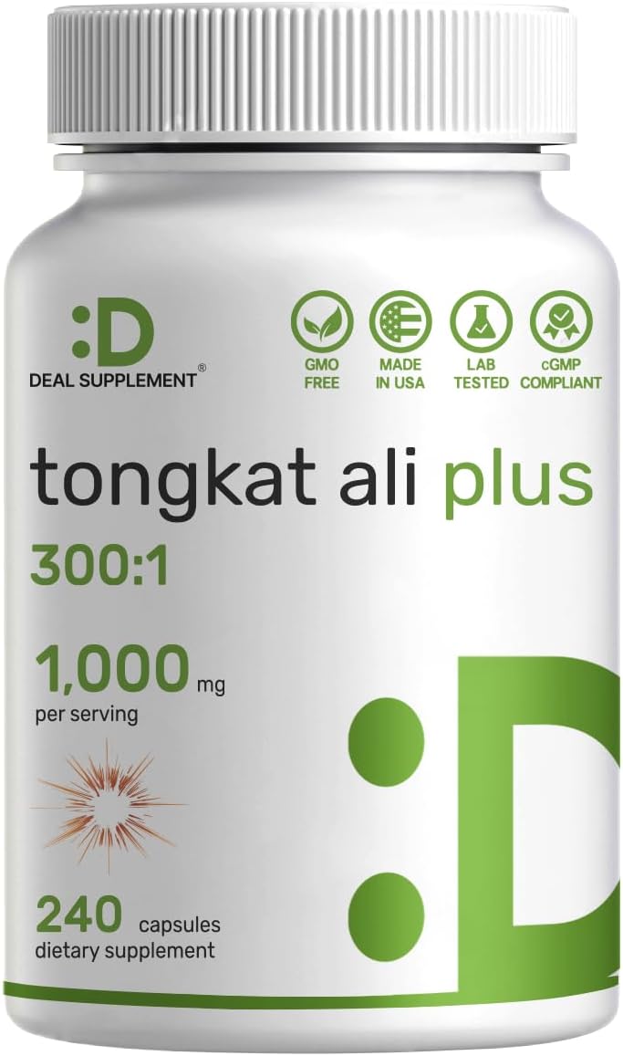 Extra Strength Tongkat Ali Extract 300:1 with Horny Goat Weed - 1,100mg, 240 Capsules - Indonesian Longjack Eurycoma Longifolia Root - Herbal Energy Supplement