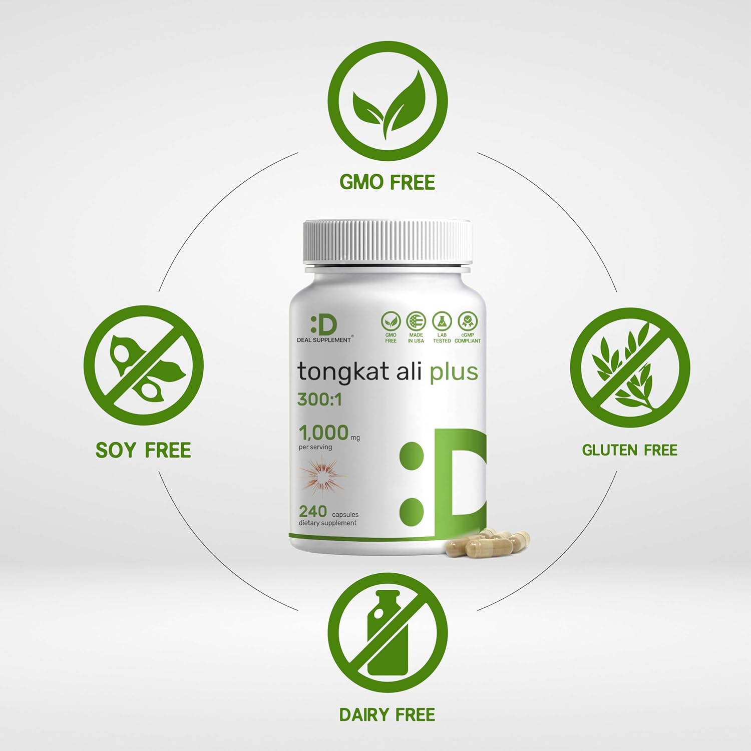 Extra Strength Tongkat Ali Extract 300:1 with Horny Goat Weed - 1,100mg, 240 Capsules - Indonesian Longjack Eurycoma Longifolia Root - Herbal Energy Supplement