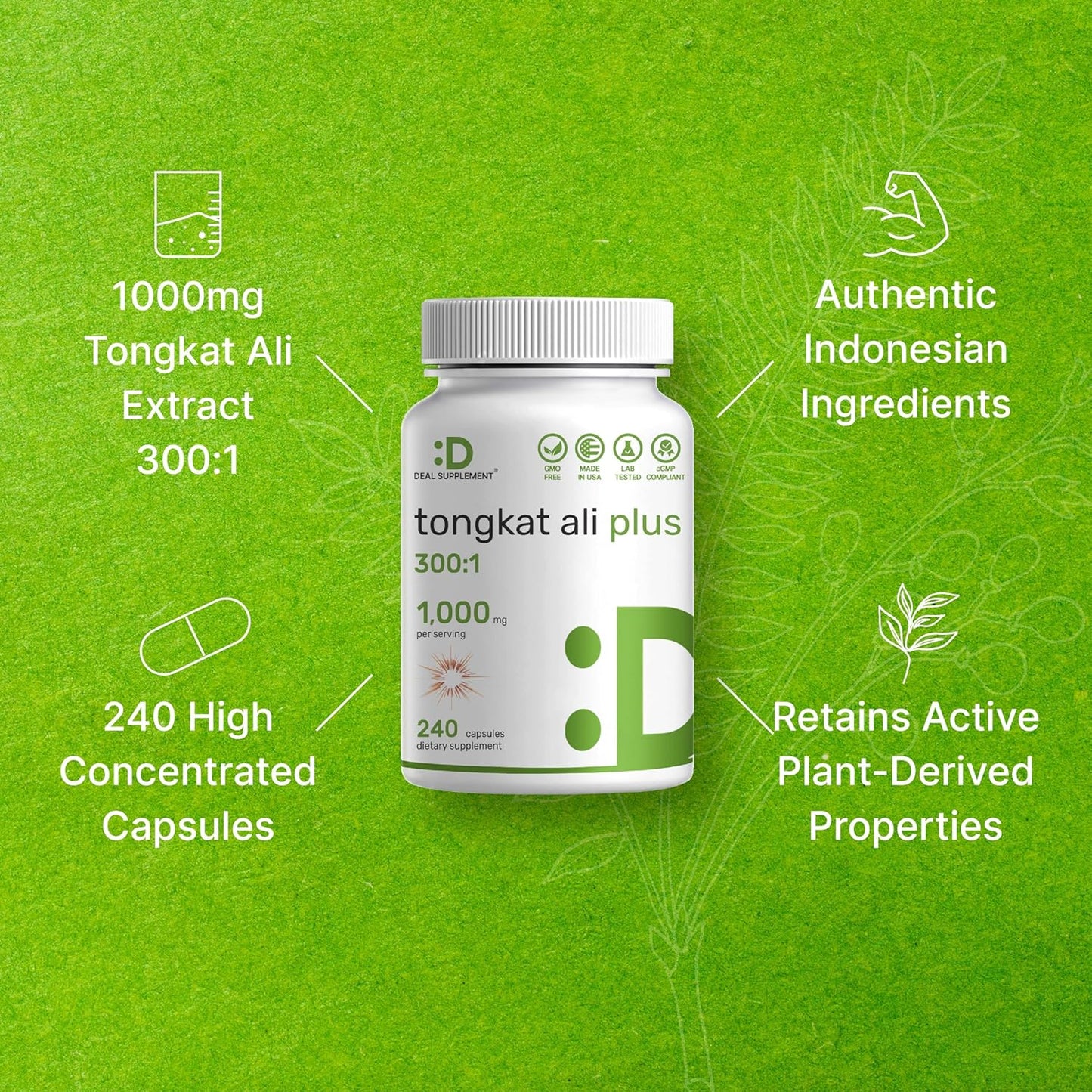Extra Strength Tongkat Ali Extract 300:1 with Horny Goat Weed - 1,100mg, 240 Capsules - Indonesian Longjack Eurycoma Longifolia Root - Herbal Energy Supplement