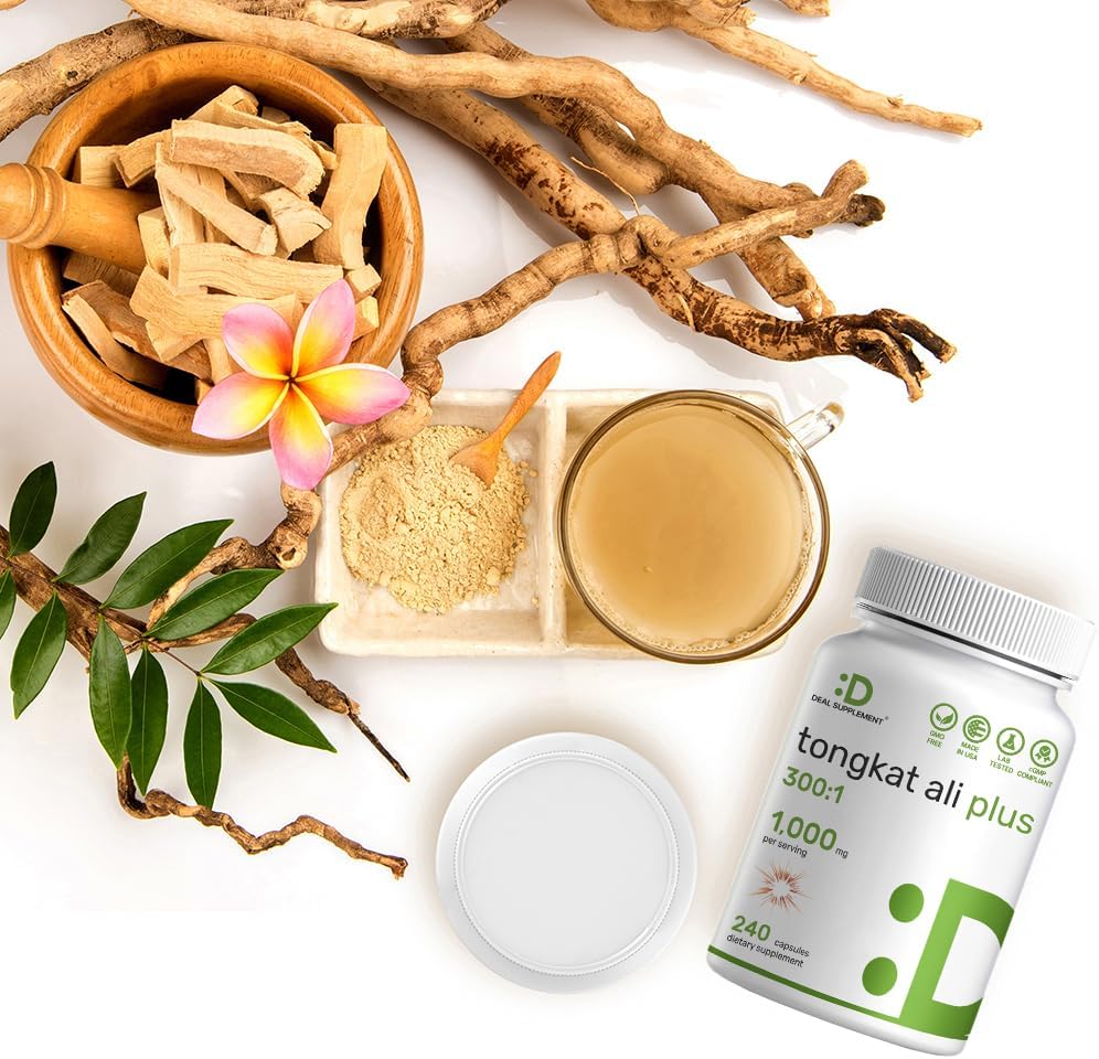 Extra Strength Tongkat Ali Extract 300:1 with Horny Goat Weed - 1,100mg, 240 Capsules - Indonesian Longjack Eurycoma Longifolia Root - Herbal Energy Supplement